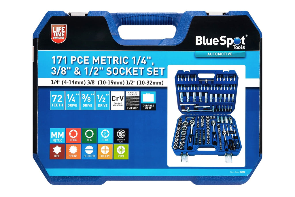 Blue Spot Tools 171-Piece Metric 1/4", 3/8" & 1/2" Socket Set (1/4" 4-14mm) (3/8" 10-19mm) (1/2" 10-32mm)
