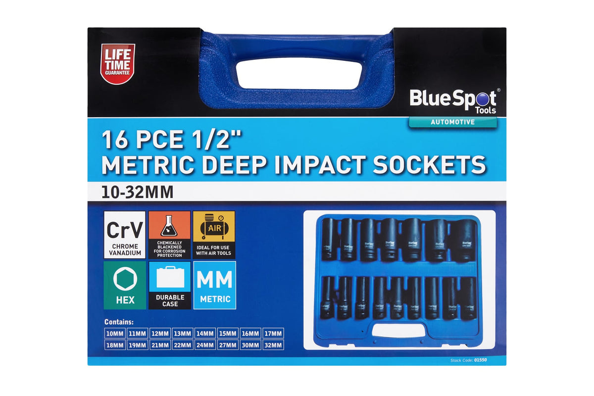 Blue Spot Tools 16-Piece 1/2" Metric Deep Impact Sockets (10-32mm)