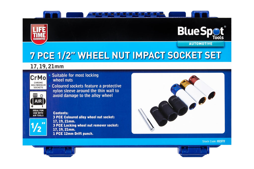 Blue Spot Tools 7-Piece 1/2" Wheel Nut Impact Socket Set (17, 19, 21mm)