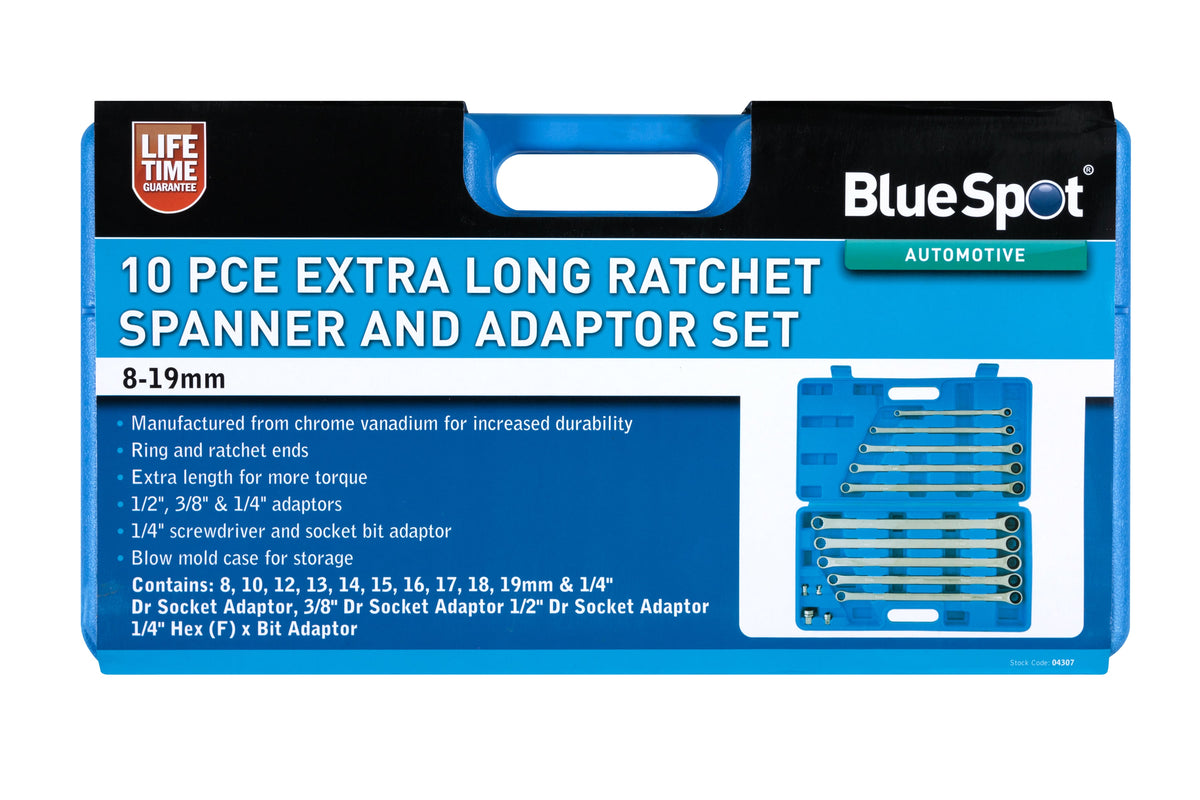 Blue Spot Tools 10-Piece Extra Long Ratchet Spanner and Adaptor Set (8-19mm)