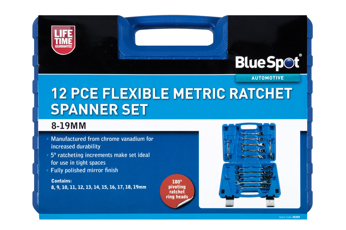 Blue Spot Tools 12-Piece Flexible Metric Ratchet Spanner Set (8-19mm) (With Case)