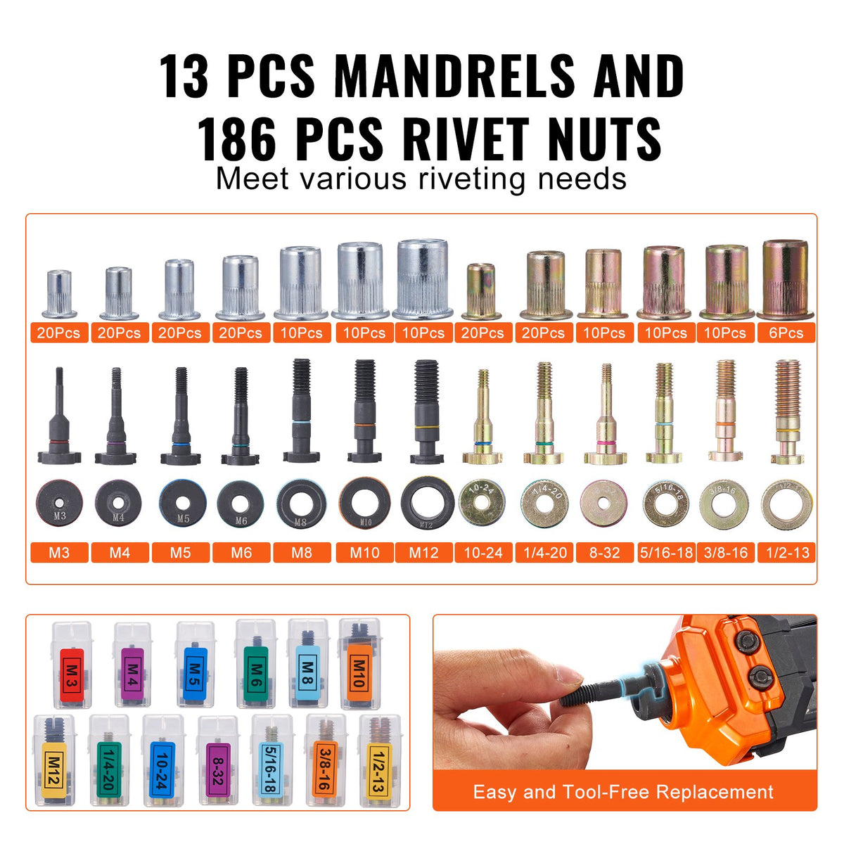 Rivet Nut Tool Kit, 40.6 cm, with 13 Mandrels & 186 Rivet Nuts - image 5