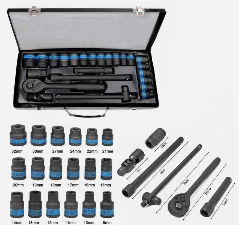 1/2" Drive Ratchet & Metric Socket Set, 8–32 mm, in Metal Case - image 4