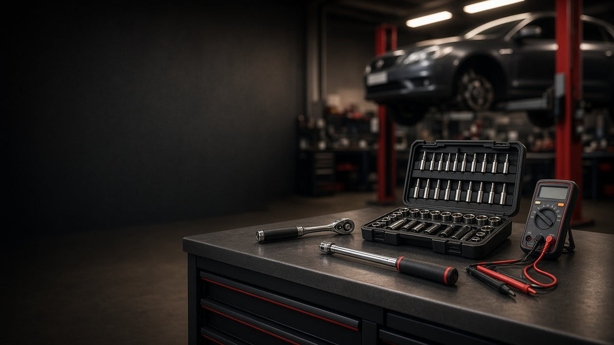 Workshop bench with socket set, torque wrench and multimeter